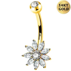 14K Gold Clear CZ Flower Belly Ring 14G Belly Button Ring
