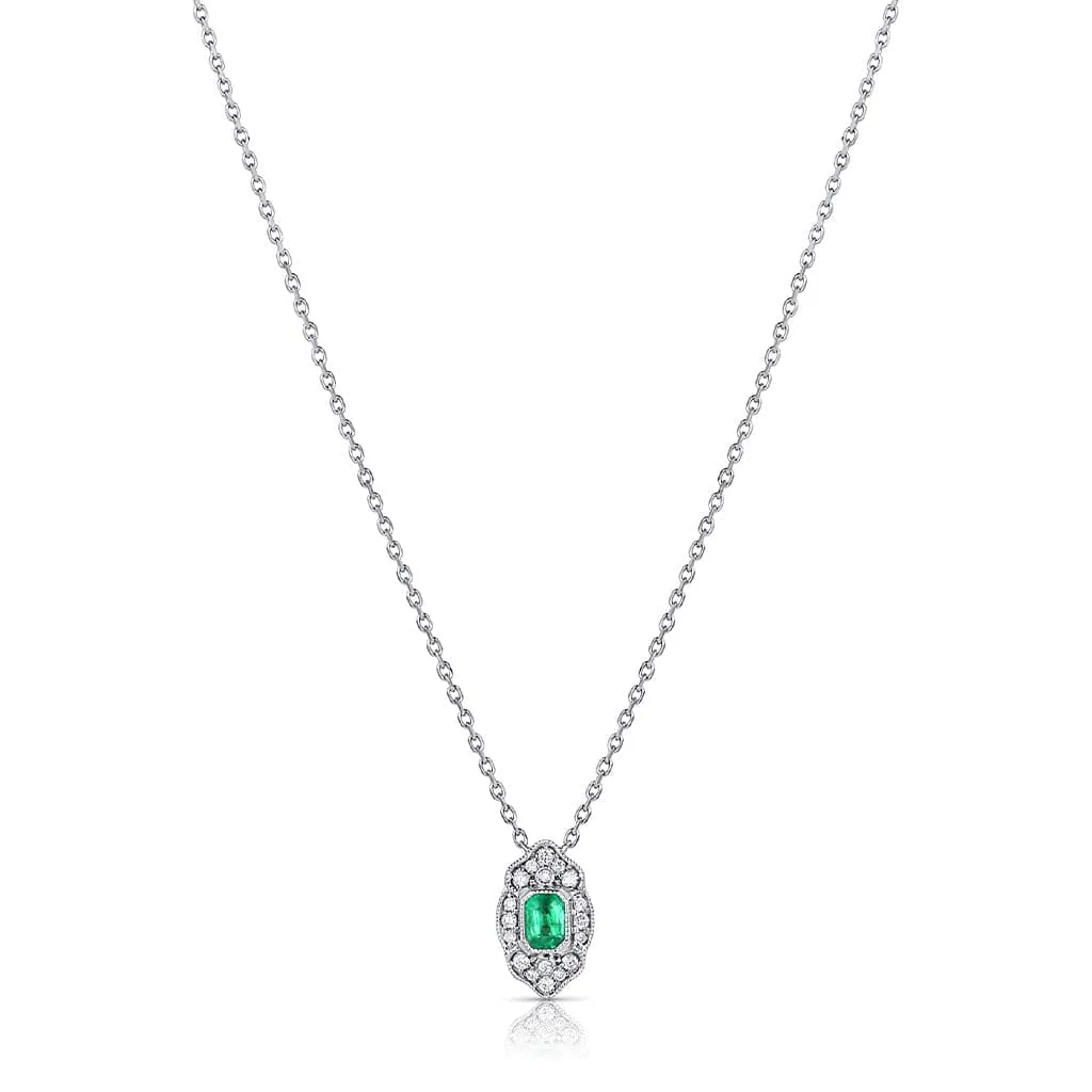 14kt White Gold Emerald Diamond Art Deco Design Necklace