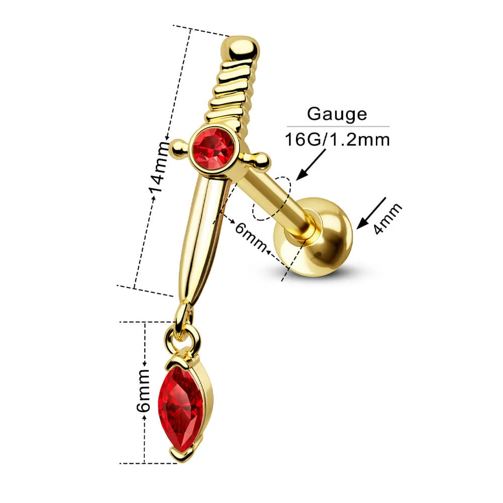 16G Gold Color Sword Cartilage Stud Helix Earrings