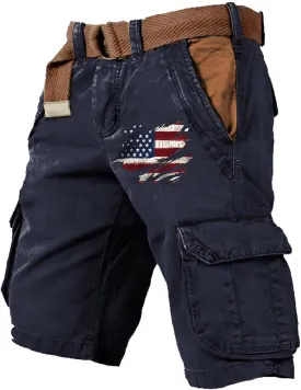 2025 Mens Cargo Shorts Vintage Tactical Shorts USA Flag Printed Outfit with Pockets Hiking Baggy Fishing Bermudas
