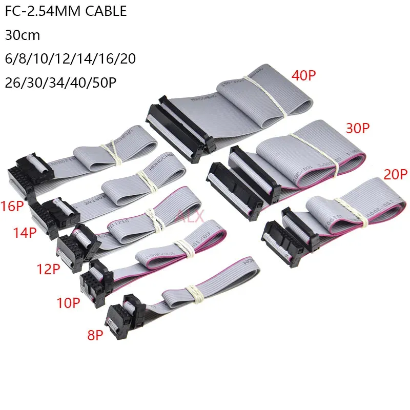 2Pcs 2.54Mm Pitch Fc-6/8/10/14/16/20/40/50 Pin 30Cm Jtag Isp Download Cable Gray Flat Ribbon Data Ca