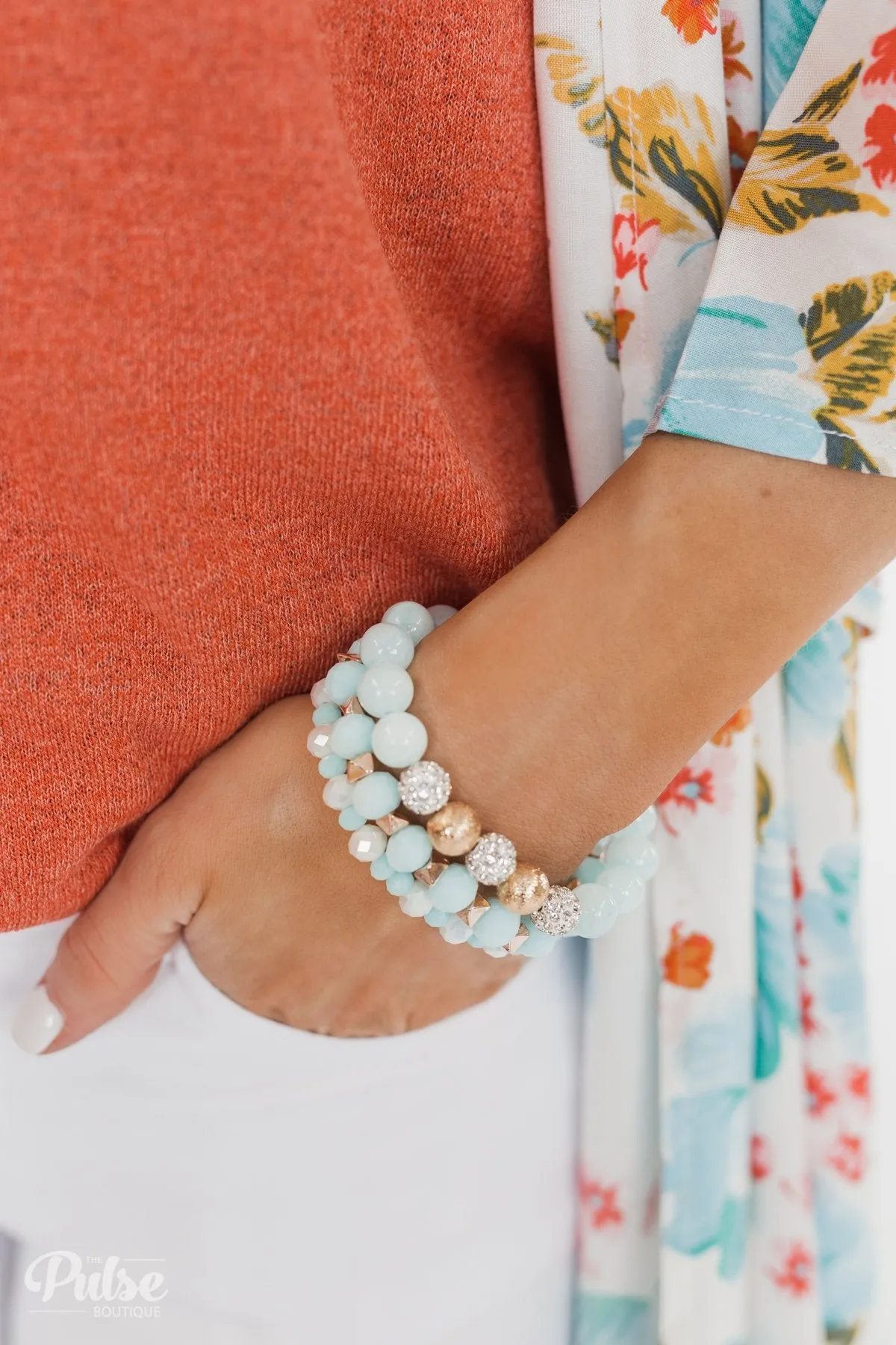 3 Layer Silver Studded Beaded Bracelet Set- Light Blue