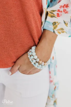 3 Layer Silver Studded Beaded Bracelet Set- Light Blue
