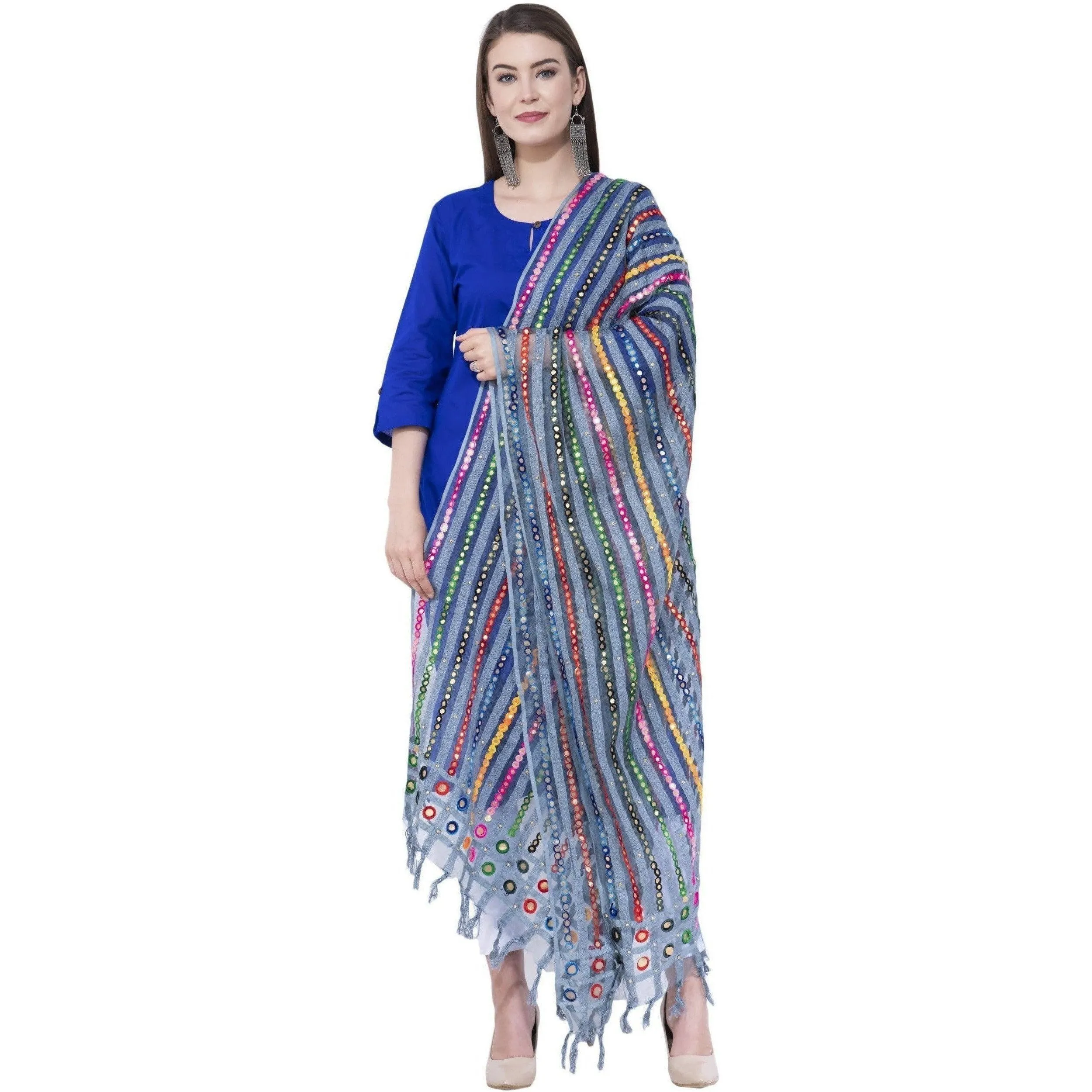 A R Silk Light Firozi Color Multi stripe Orgenza Cotton Dupattas and Chunnis