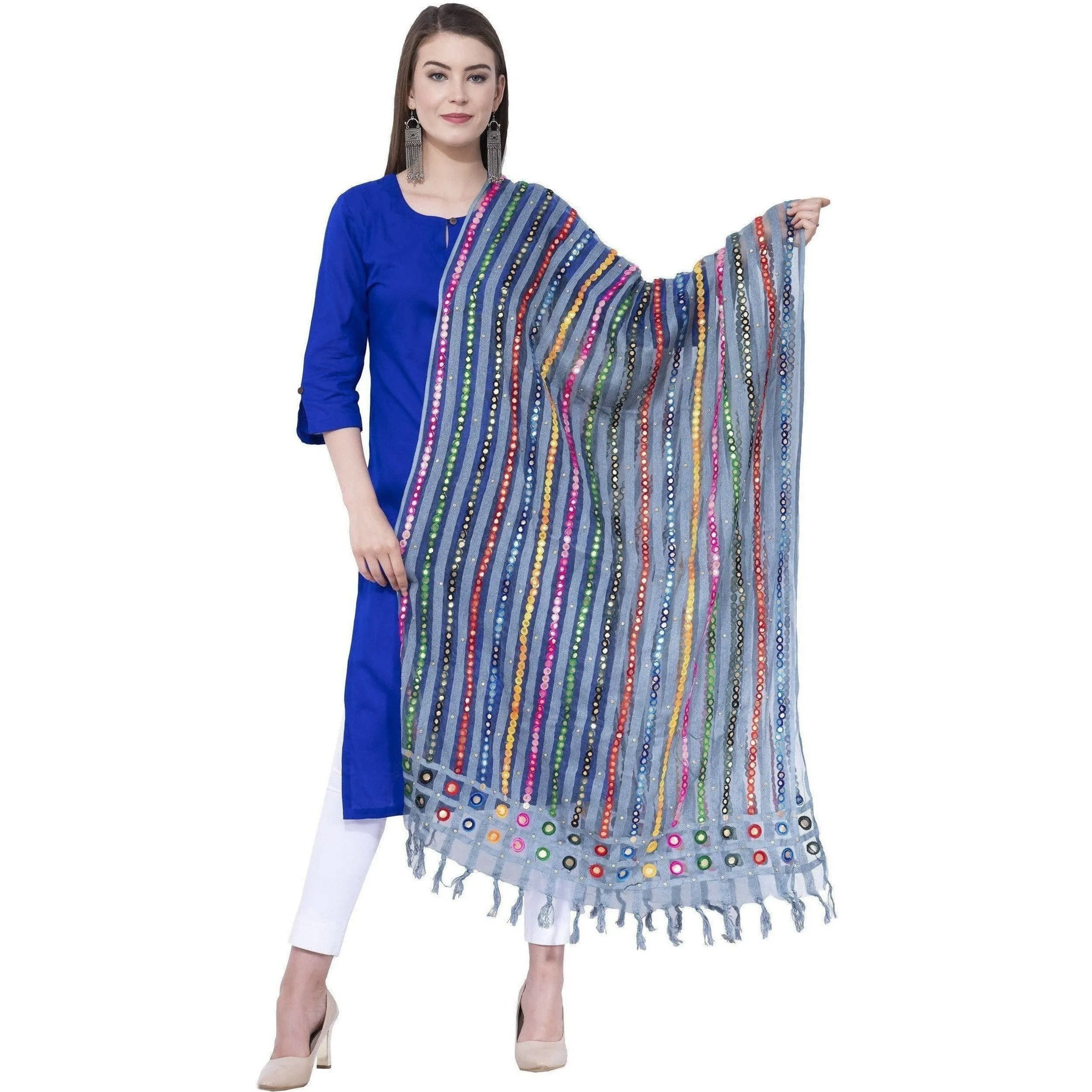 A R Silk Light Firozi Color Multi stripe Orgenza Cotton Dupattas and Chunnis