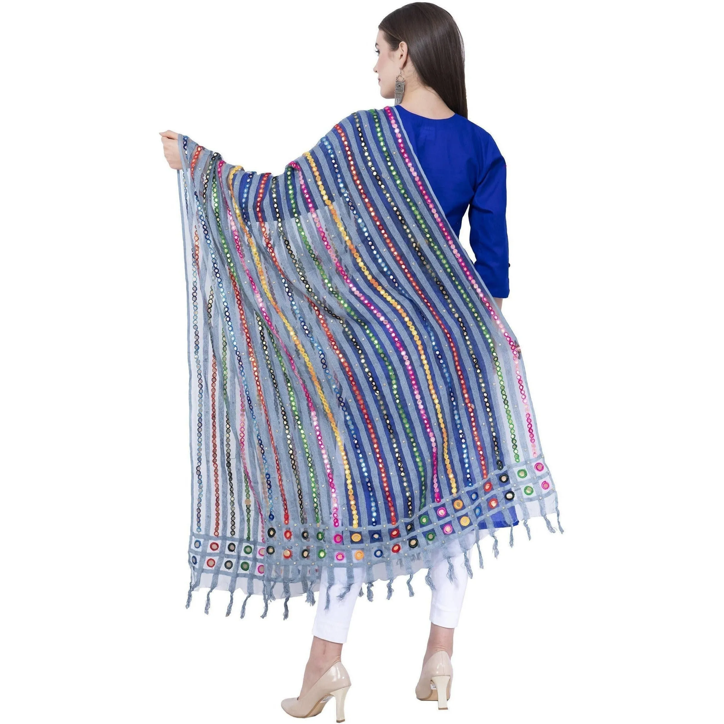 A R Silk Light Firozi Color Multi stripe Orgenza Cotton Dupattas and Chunnis