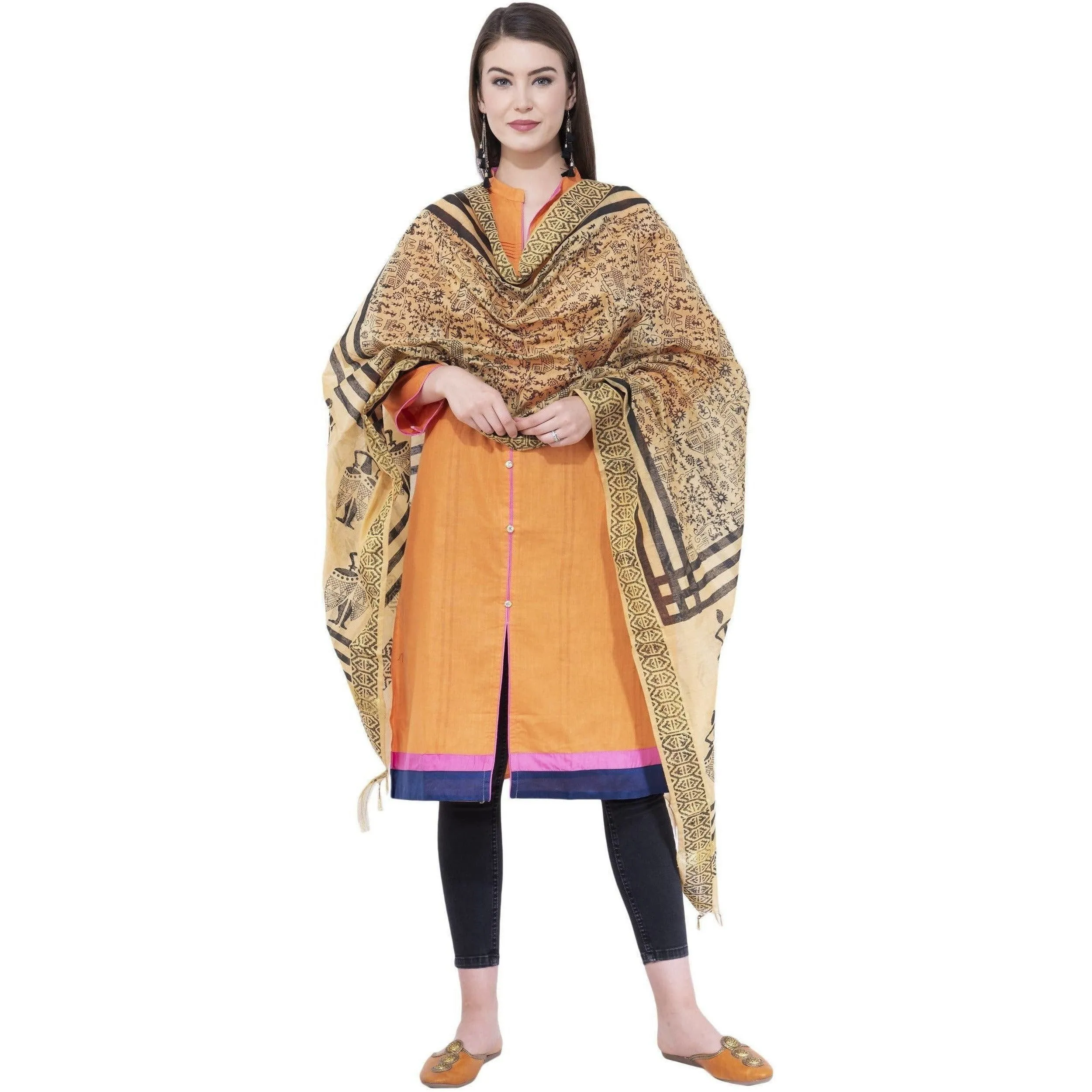 A R Silk Women's Block Print Chanderi Cotton Dark Golden Dupattas and Chunnis