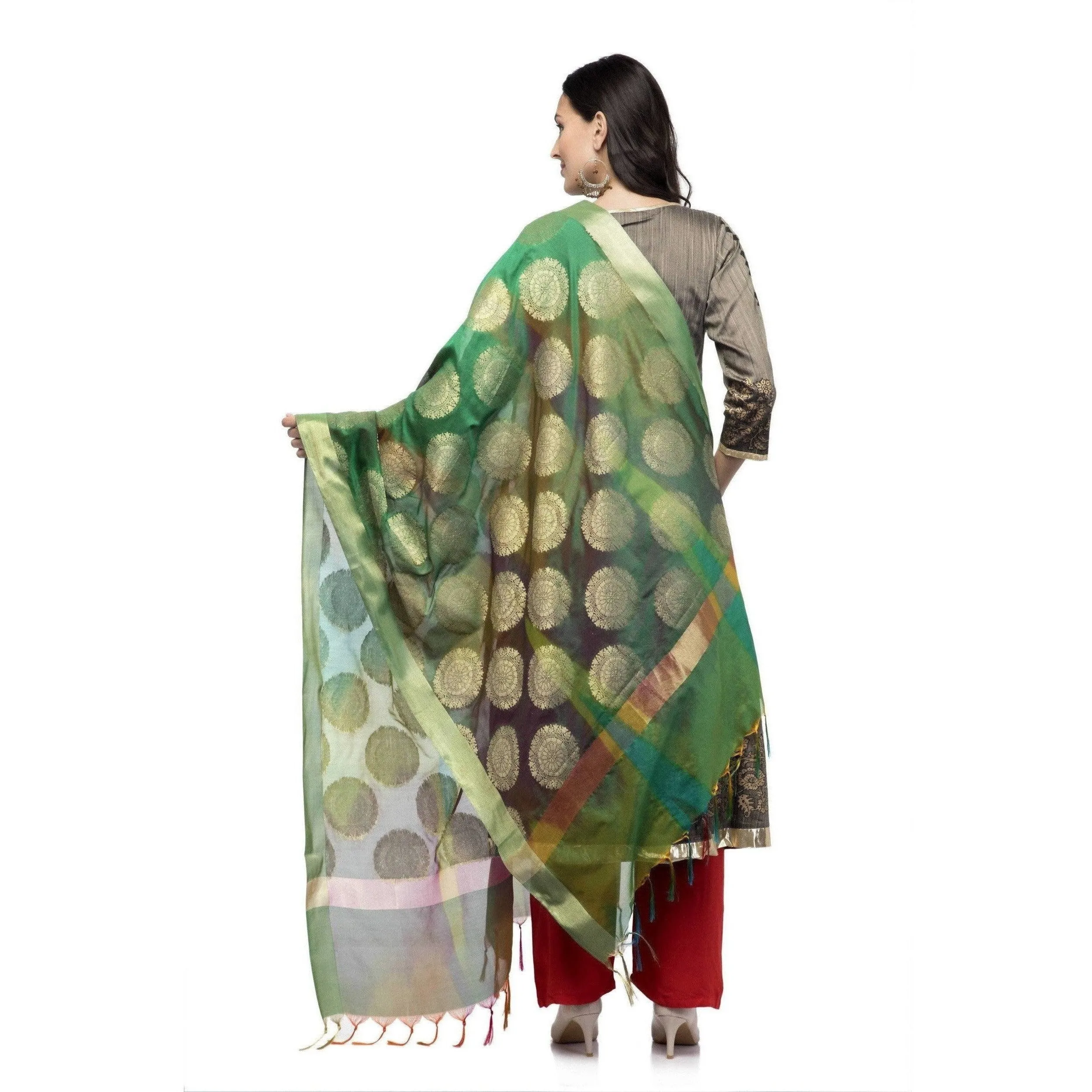 A R Silk Women's Vanarsi Green Silk Zari Embroidery With Multi Color Fancy Dupatta