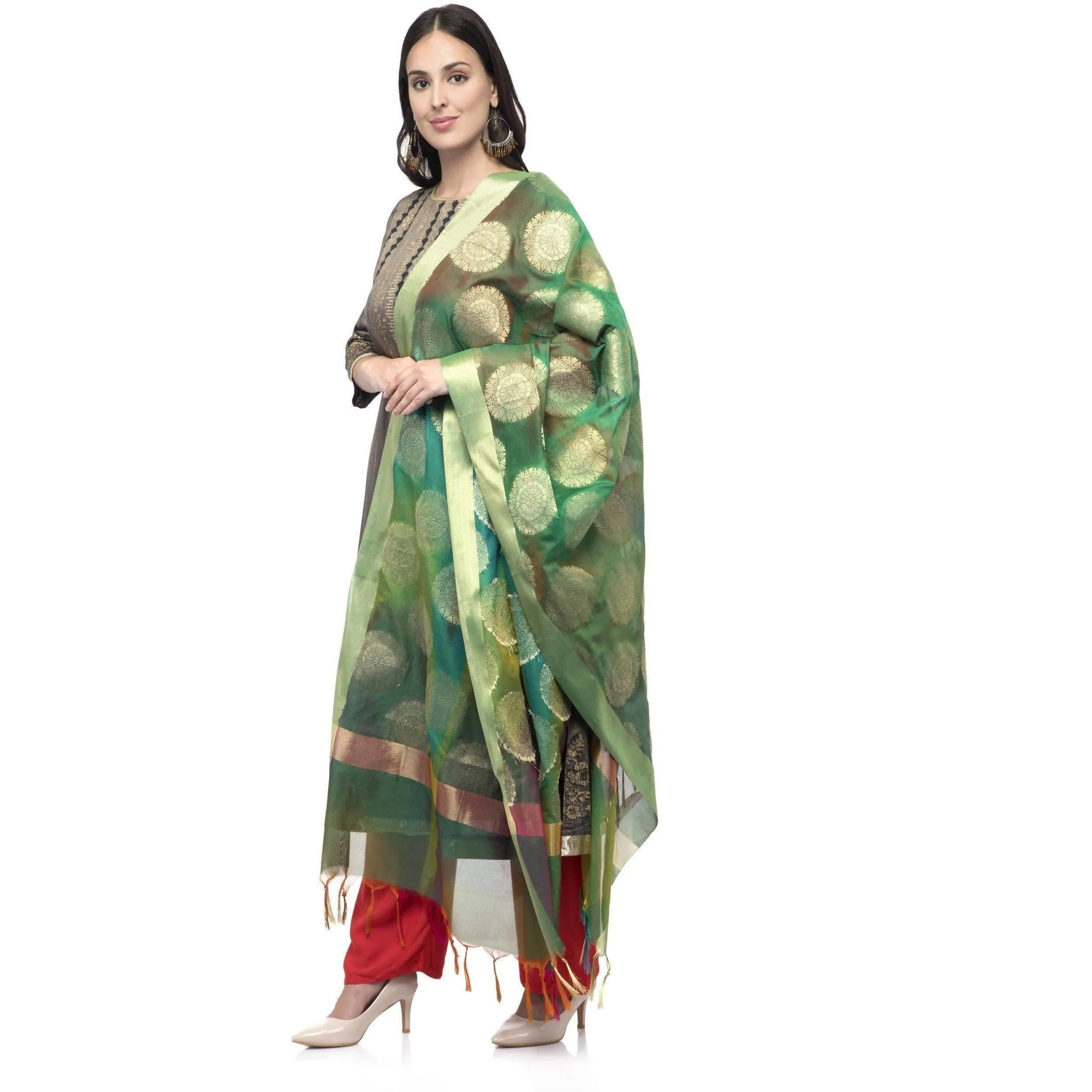 A R Silk Women's Vanarsi Green Silk Zari Embroidery With Multi Color Fancy Dupatta