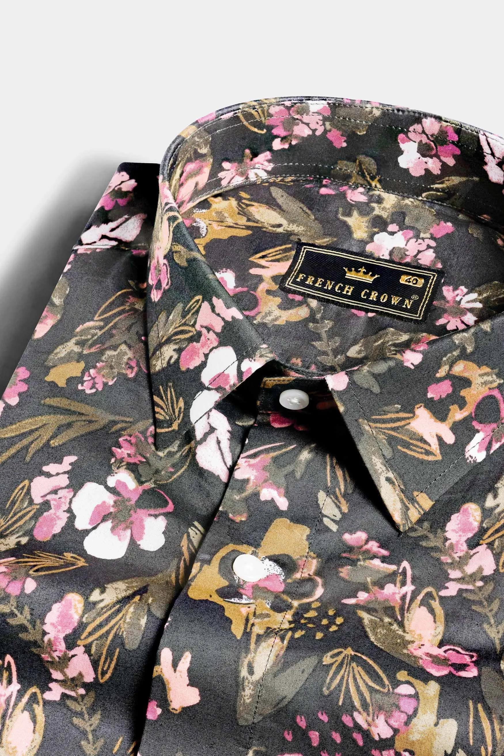 Abbey Gray and Fuscous Green Floral Printed With Patchwork Premium Cotton Designer Shirt