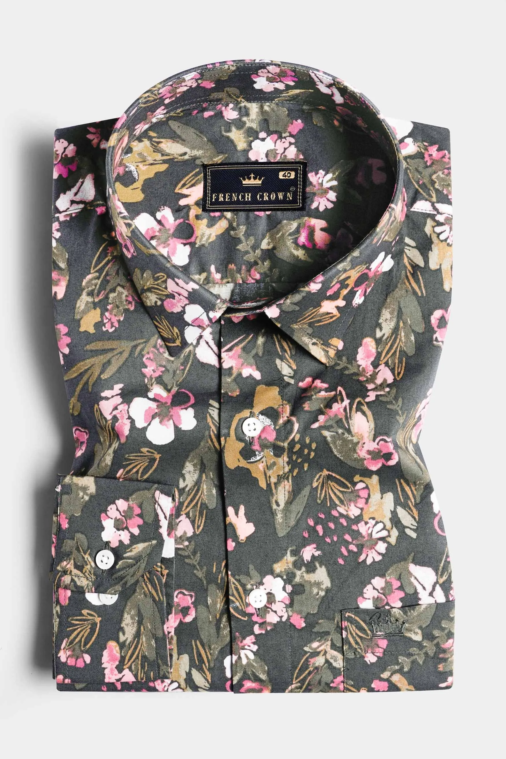 Abbey Gray and Fuscous Green Floral Printed With Patchwork Premium Cotton Designer Shirt