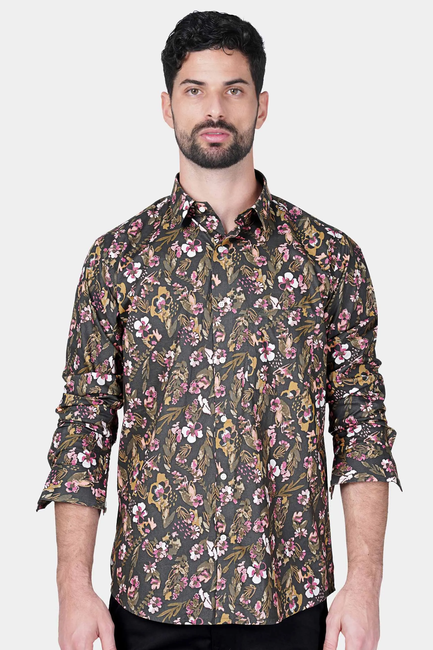 Abbey Gray and Fuscous Green Floral Printed With Patchwork Premium Cotton Designer Shirt