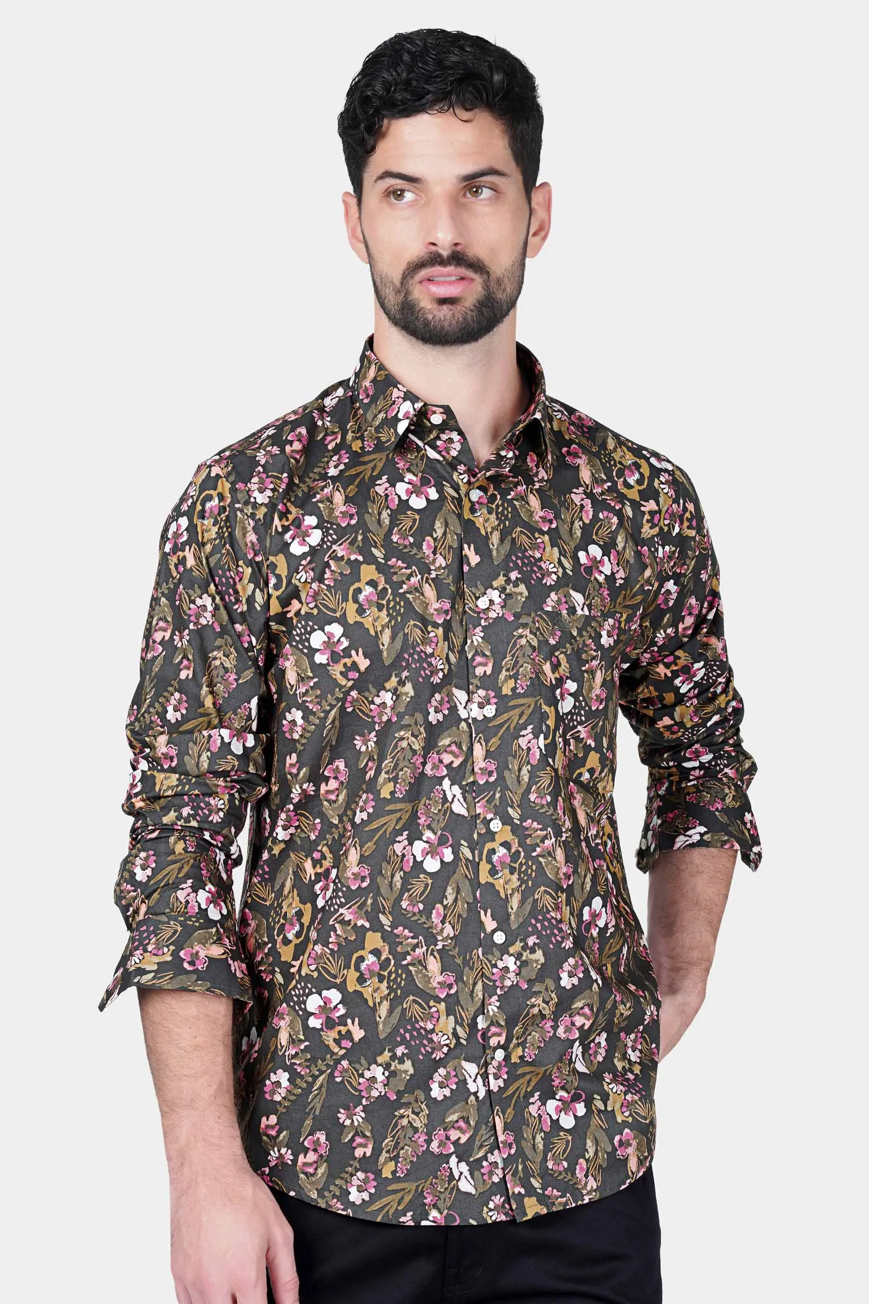 Abbey Gray and Fuscous Green Floral Printed With Patchwork Premium Cotton Designer Shirt