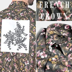 Abbey Gray and Fuscous Green Floral Printed With Patchwork Premium Cotton Designer Shirt