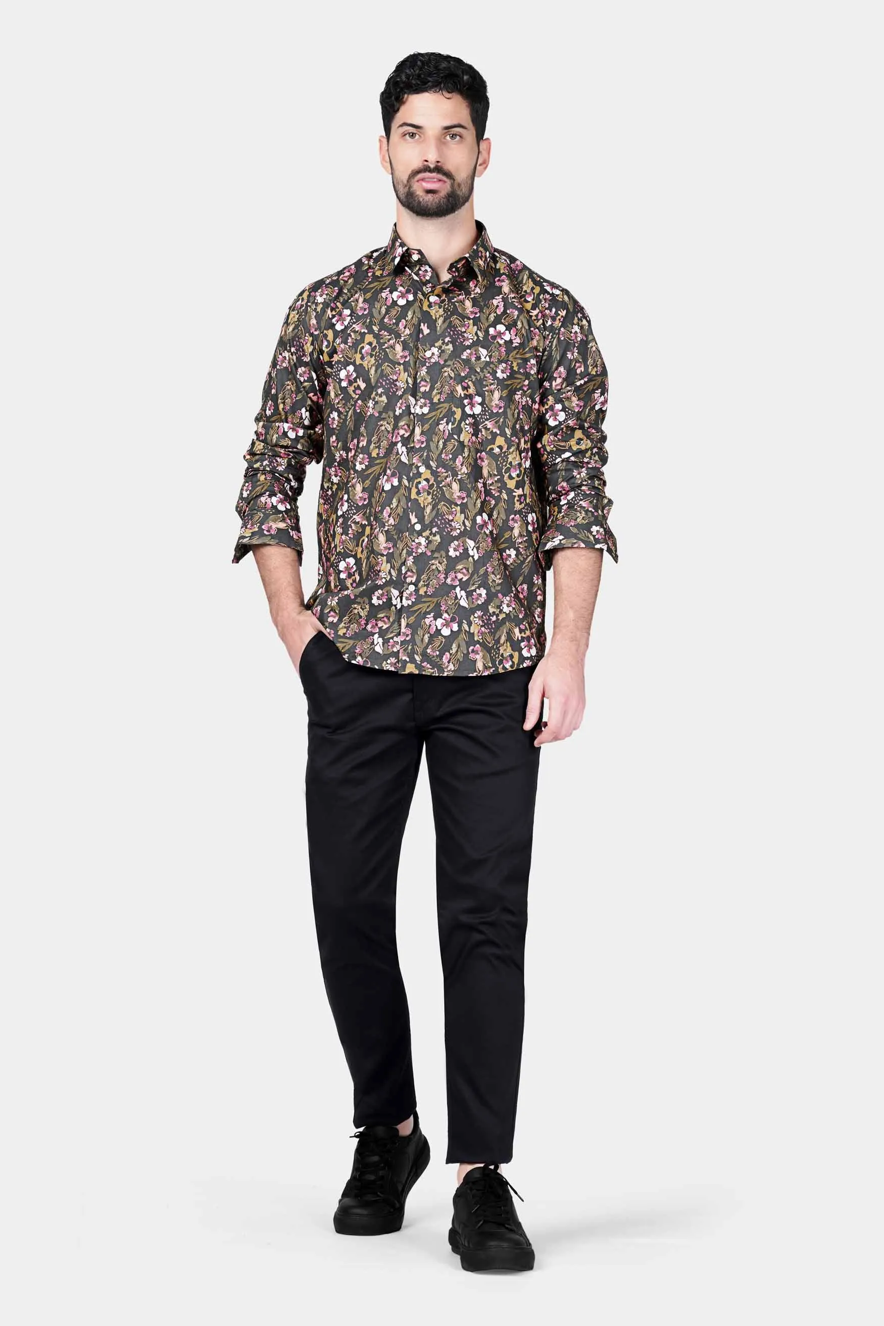 Abbey Gray and Fuscous Green Floral Printed With Patchwork Premium Cotton Designer Shirt