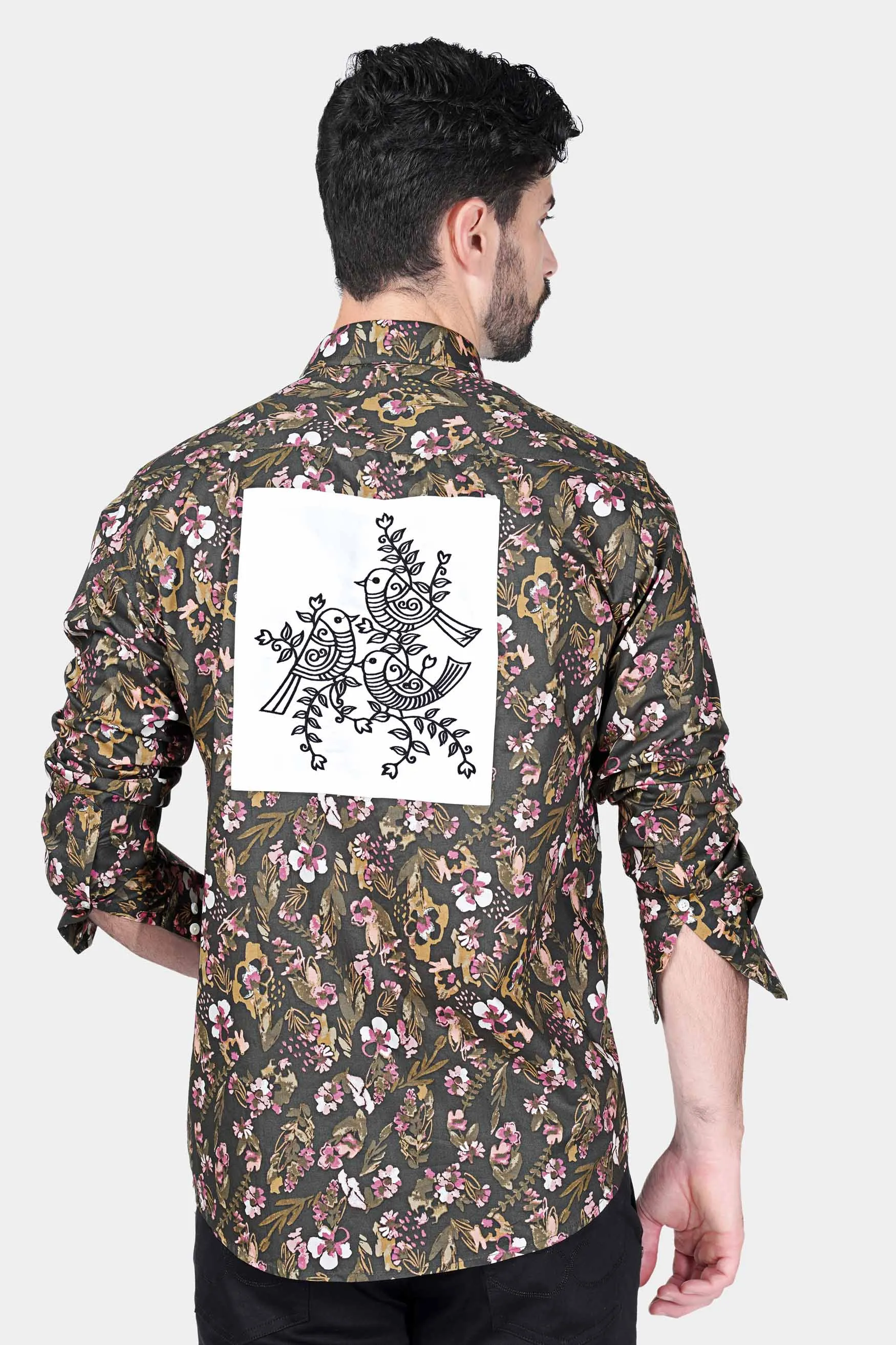 Abbey Gray and Fuscous Green Floral Printed With Patchwork Premium Cotton Designer Shirt