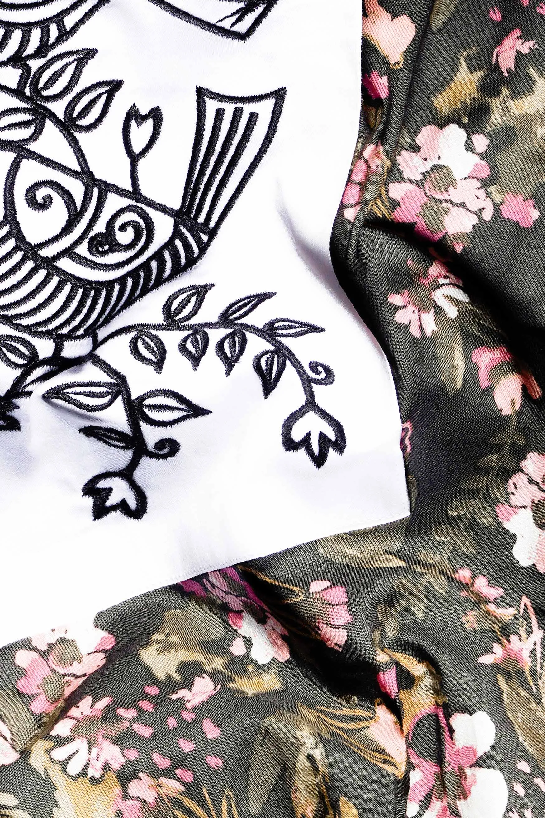 Abbey Gray and Fuscous Green Floral Printed With Patchwork Premium Cotton Designer Shirt