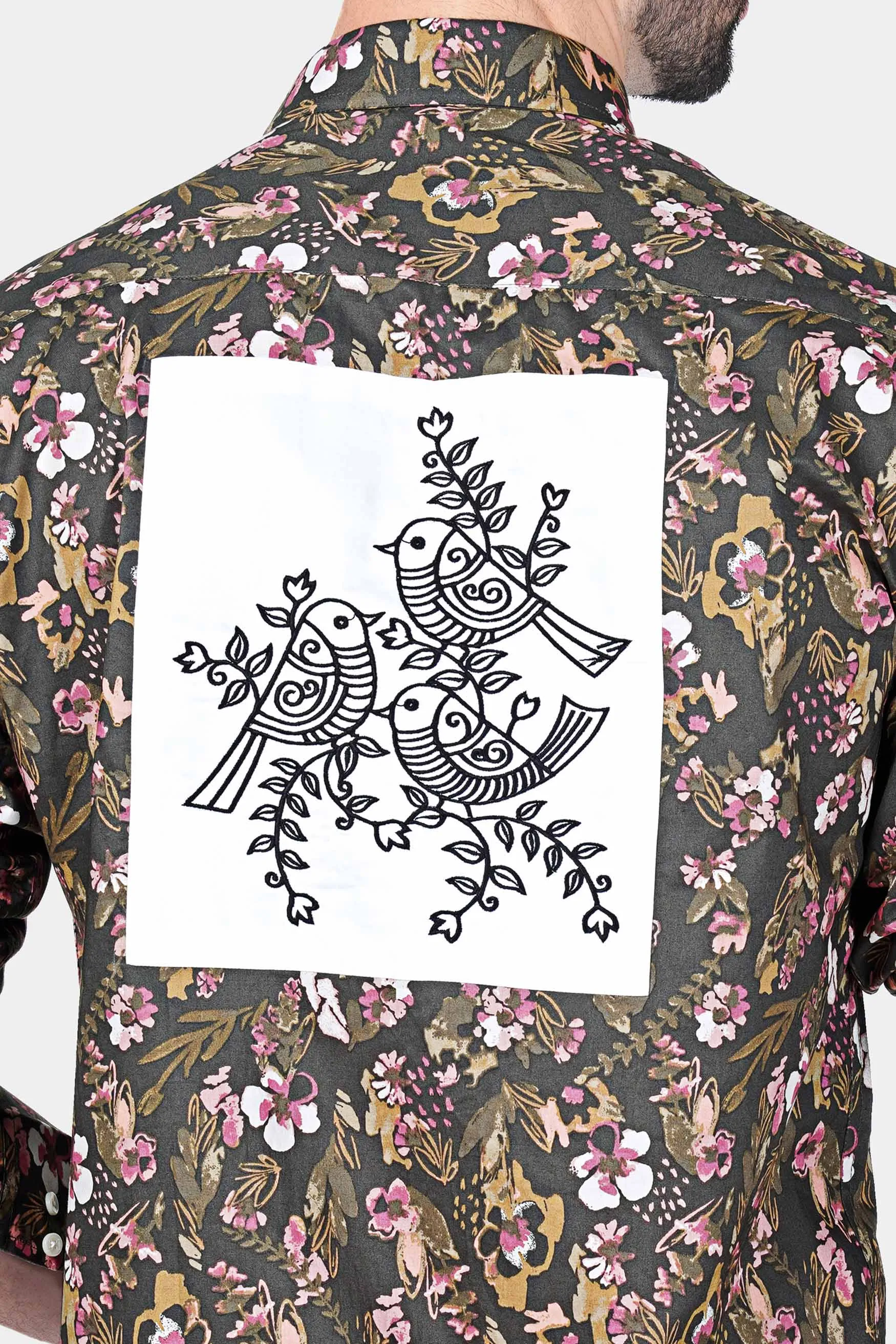 Abbey Gray and Fuscous Green Floral Printed With Patchwork Premium Cotton Designer Shirt