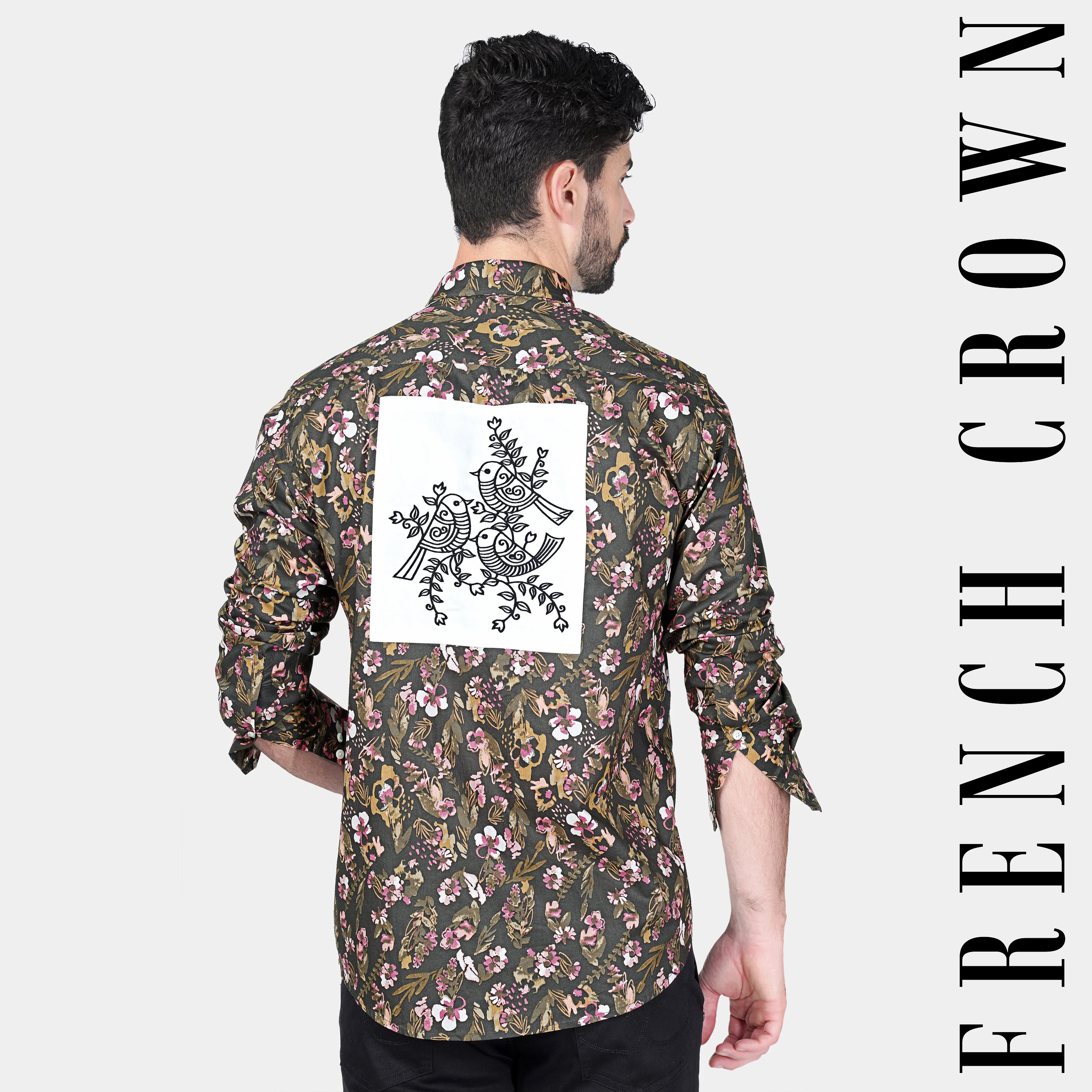 Abbey Gray and Fuscous Green Floral Printed With Patchwork Premium Cotton Designer Shirt