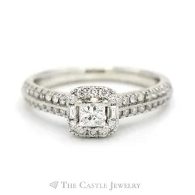 Adrianna Papell Designer Princess Cut Engagement Ring with Diamond Halo & Accents in 14k White Gold