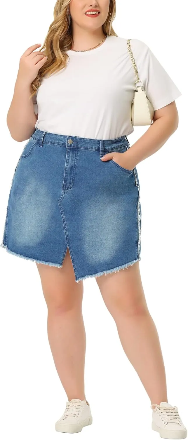 Agnes Orinda Plus Size Denim Skirt for Women Slit Fashion Jean Mini Skirts with Pockets 2024
