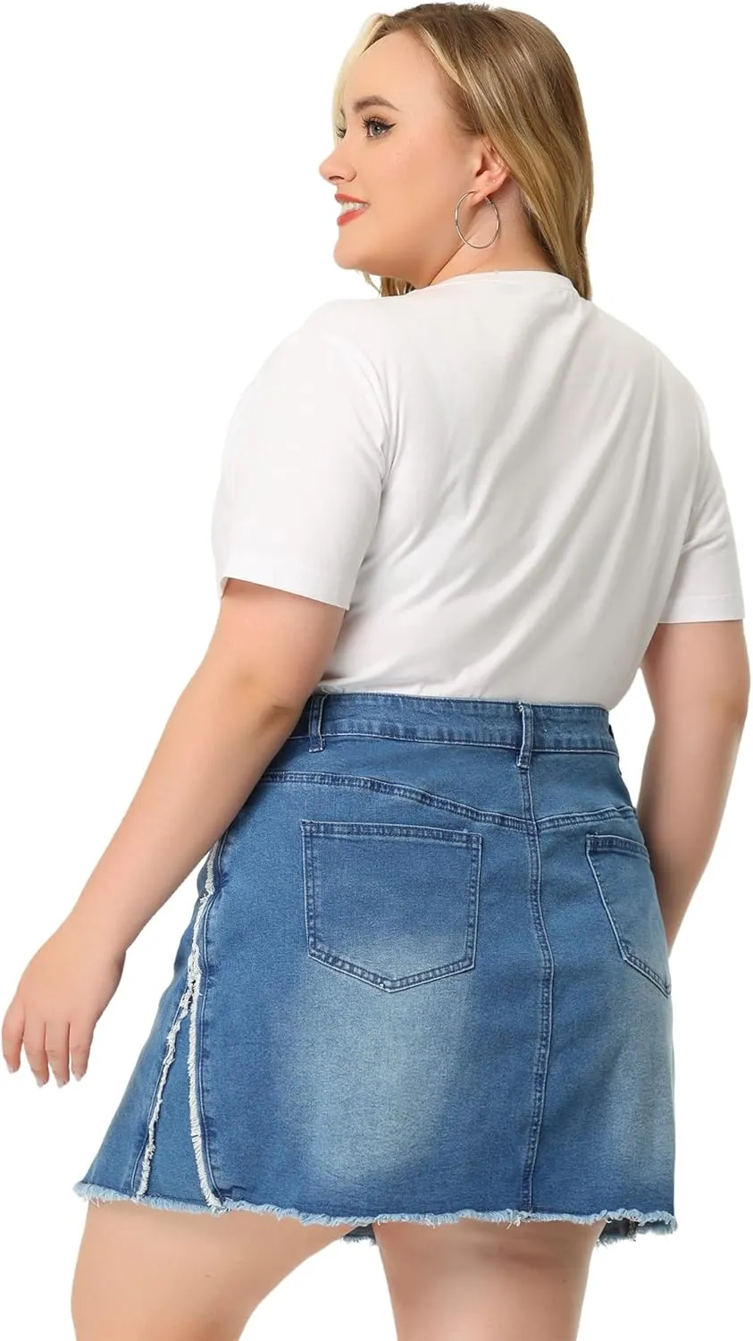 Agnes Orinda Plus Size Denim Skirt for Women Slit Fashion Jean Mini Skirts with Pockets 2024