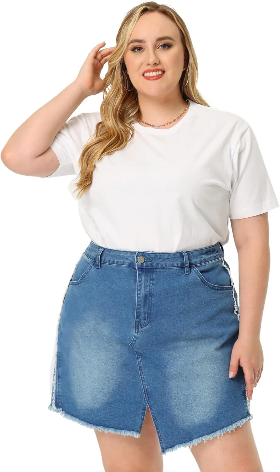 Agnes Orinda Plus Size Denim Skirt for Women Slit Fashion Jean Mini Skirts with Pockets 2024