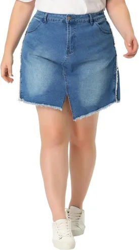 Agnes Orinda Plus Size Denim Skirt for Women Slit Fashion Jean Mini Skirts with Pockets 2024