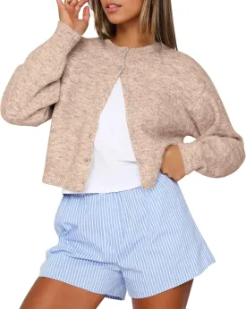 BAIGRAM Women Cute Fall Button Up Open Front Cardigan Lightweight Long Sleeve Crop Sweater Tops Knit Pullover 2024