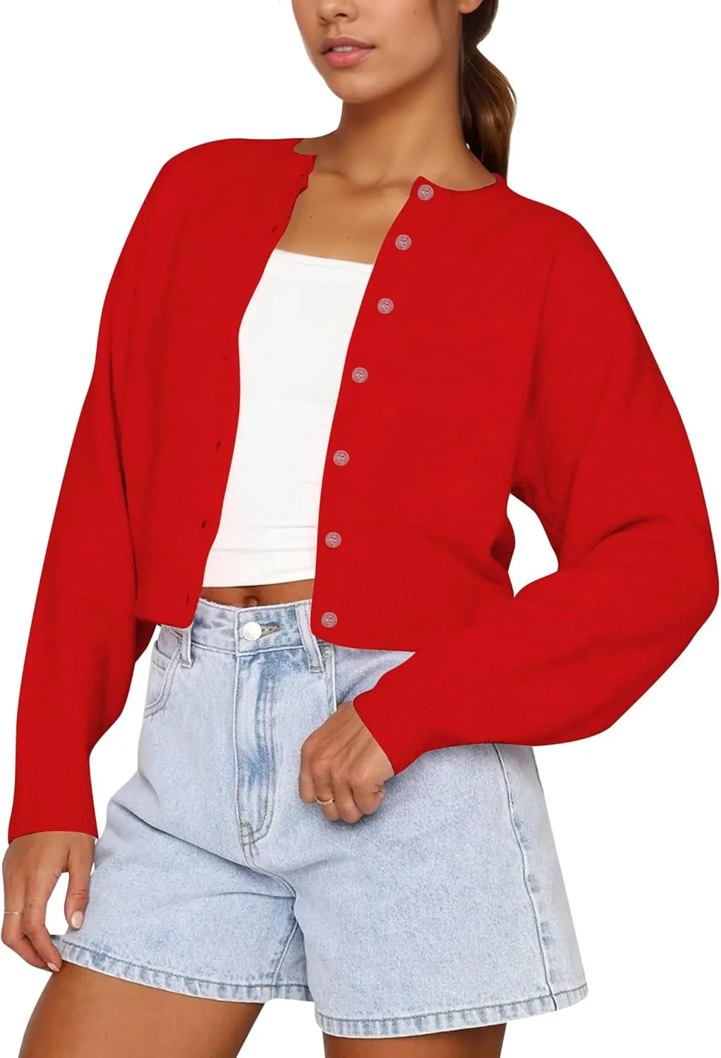 BAIGRAM Women Cute Fall Button Up Open Front Cardigan Lightweight Long Sleeve Crop Sweater Tops Knit Pullover 2024