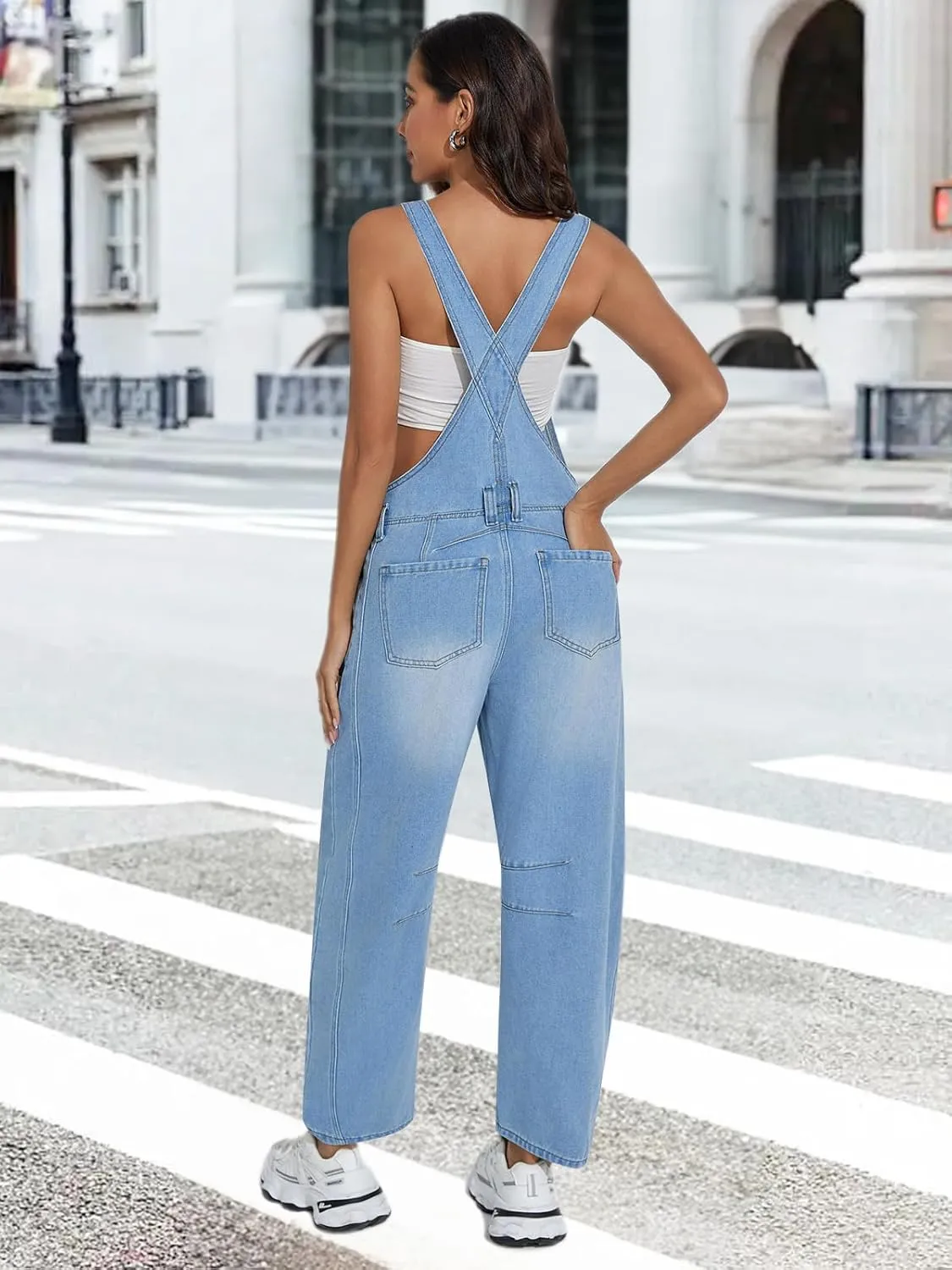 Barrel Overalls Denim Jumpsuits for Women Casual Loose Baggy Jeans Pants Sleeveless Bib Jumpers with Pockets