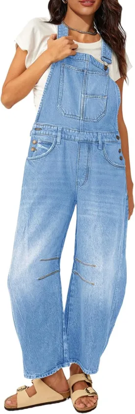 Barrel Overalls Denim Jumpsuits for Women Casual Loose Baggy Jeans Pants Sleeveless Bib Jumpers with Pockets