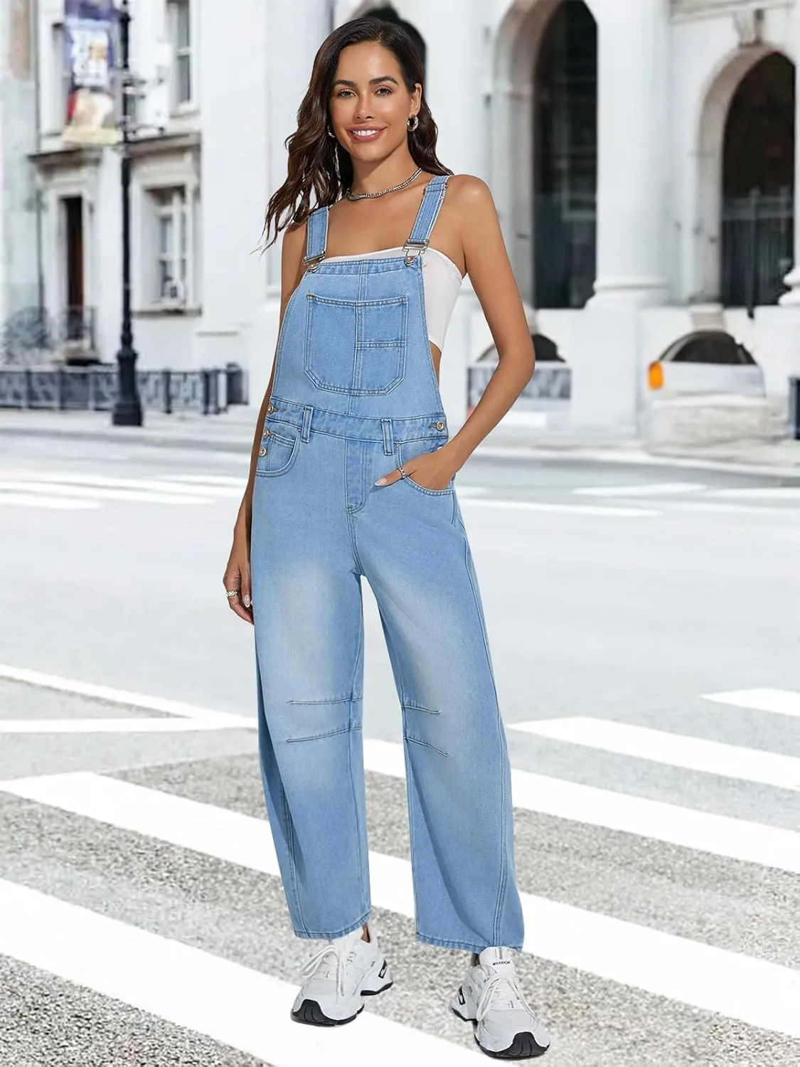 Barrel Overalls Denim Jumpsuits for Women Casual Loose Baggy Jeans Pants Sleeveless Bib Jumpers with Pockets