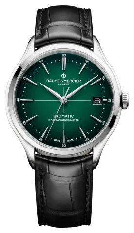 Baume & Mercier Clifton Baumatic COSC Automatic Stainless Steel Green Dial Black Leather Strap Date Mens Watch M0A10592