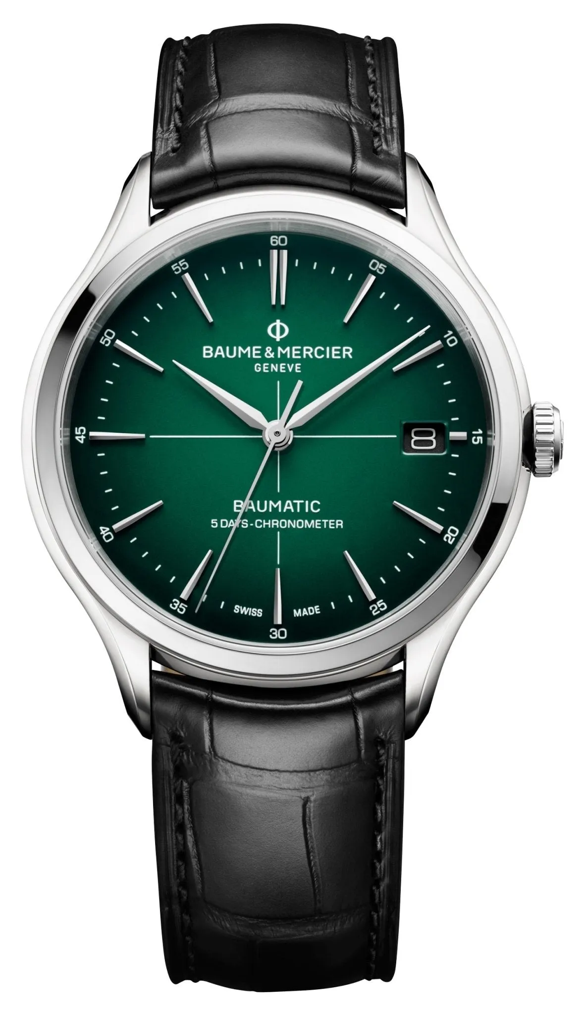 Baume & Mercier Clifton Baumatic COSC Automatic Stainless Steel Green Dial Black Leather Strap Date Mens Watch M0A10592