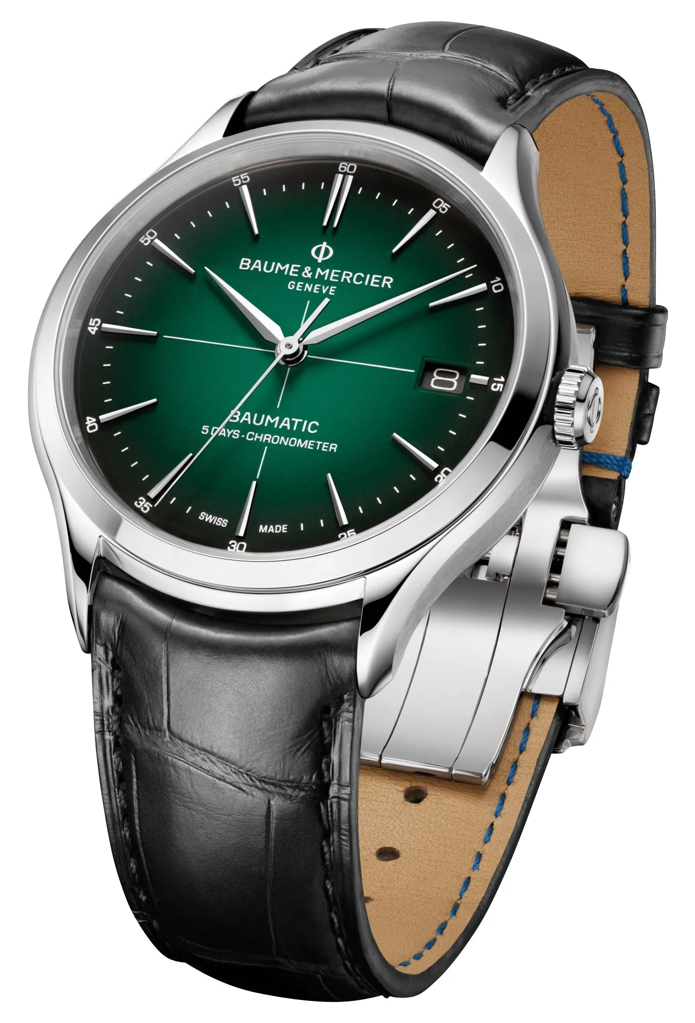 Baume & Mercier Clifton Baumatic COSC Automatic Stainless Steel Green Dial Black Leather Strap Date Mens Watch M0A10592