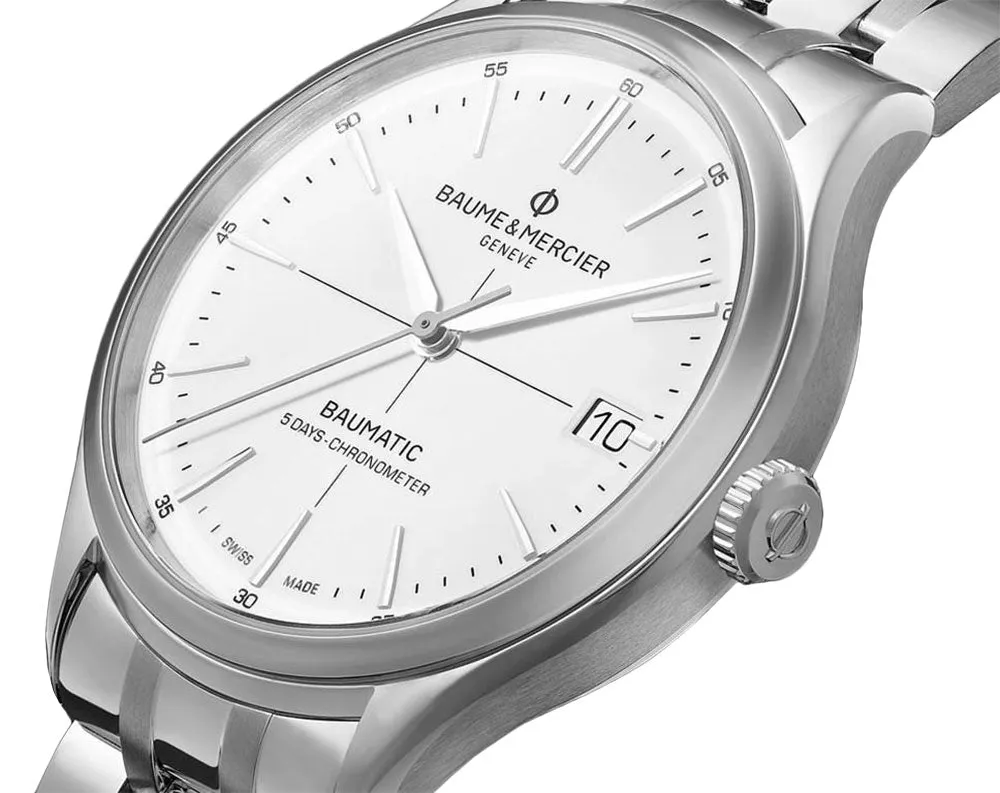 Baume & Mercier Clifton Baumatic COSC Automatic Stainless Steel White Dial Date Mens Watch M0A10505