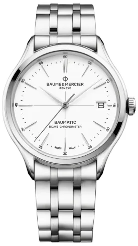 Baume & Mercier Clifton Baumatic COSC Automatic Stainless Steel White Dial Date Mens Watch M0A10505