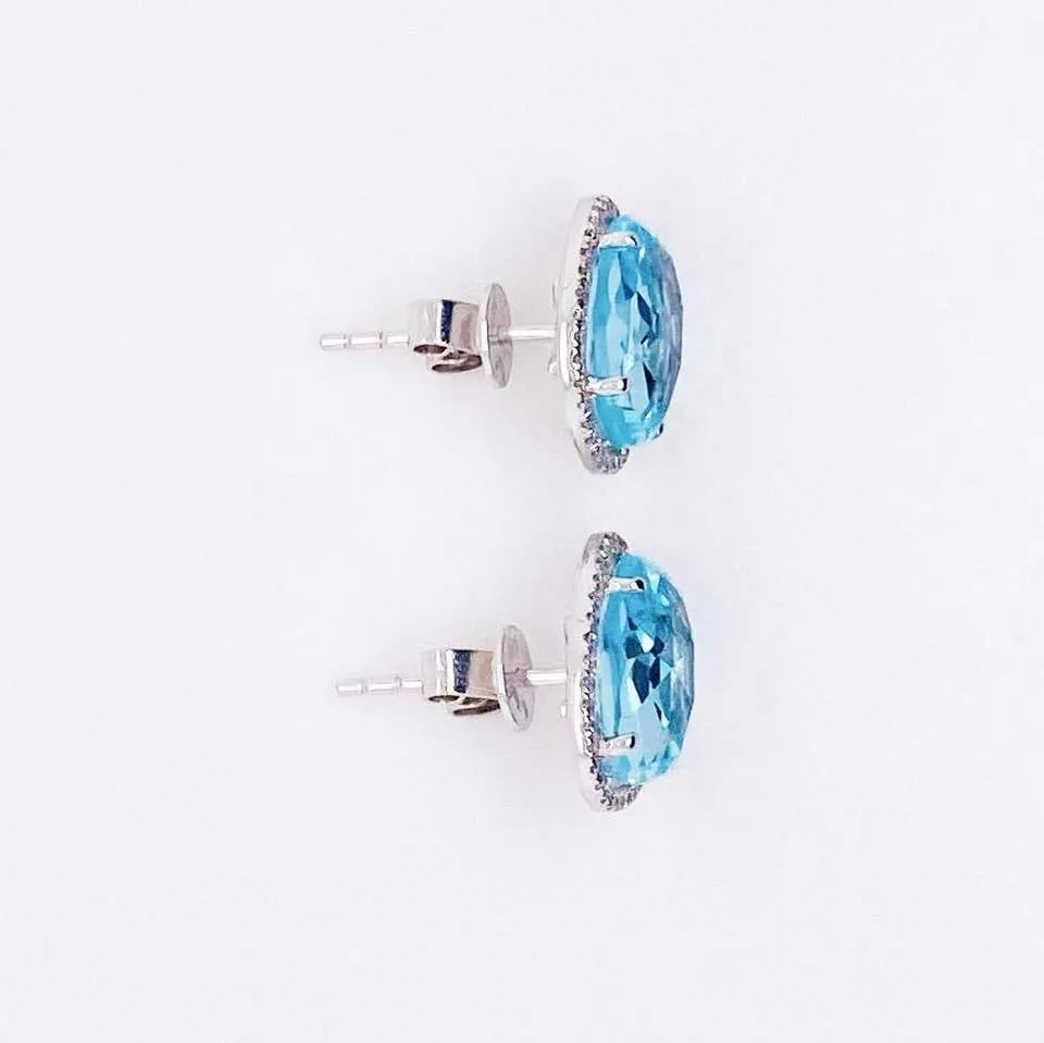 Bean Shaped Blue Topaz Diamond Halo Stud Earrings