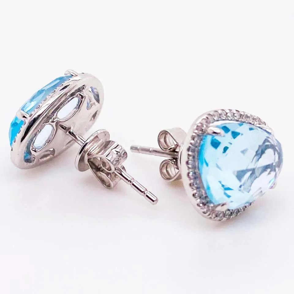 Bean Shaped Blue Topaz Diamond Halo Stud Earrings