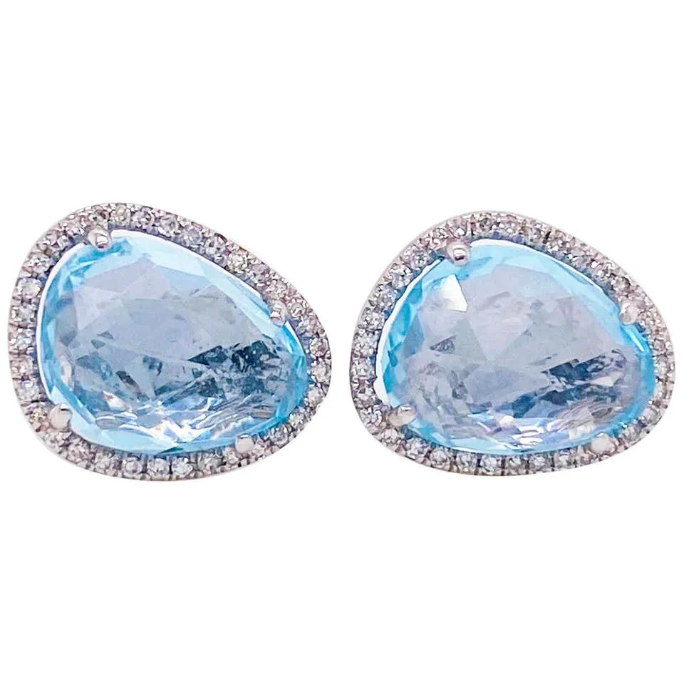 Bean Shaped Blue Topaz Diamond Halo Stud Earrings