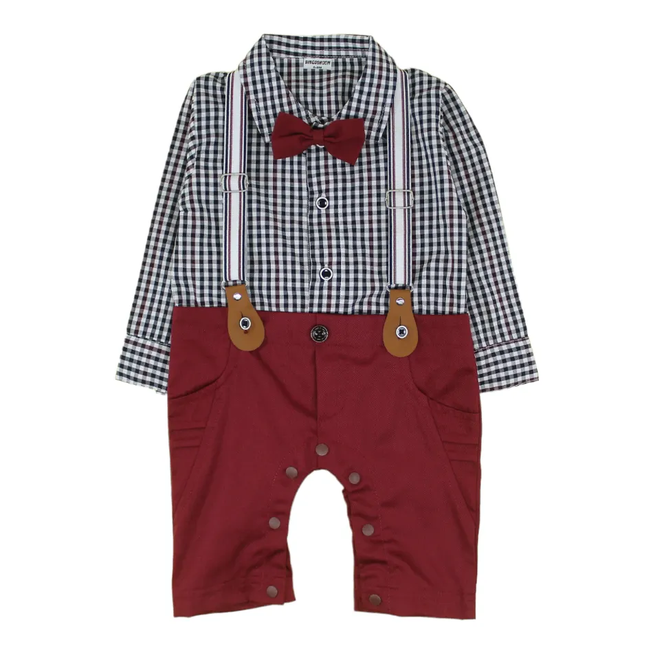 Bowtie Romper With Suspender And Cap - Maroon Checks