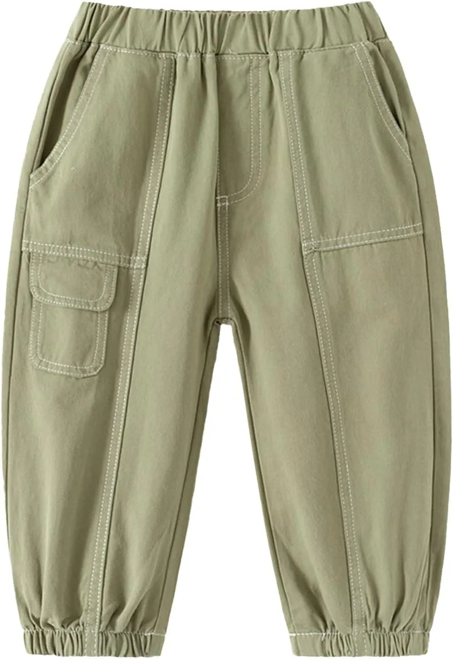 Boys Wide Leg Cargo Baggy Pants Pull On Elastic Waist Twill Baggy Joggers Casual Loose Hiking Sport Thick Pants
