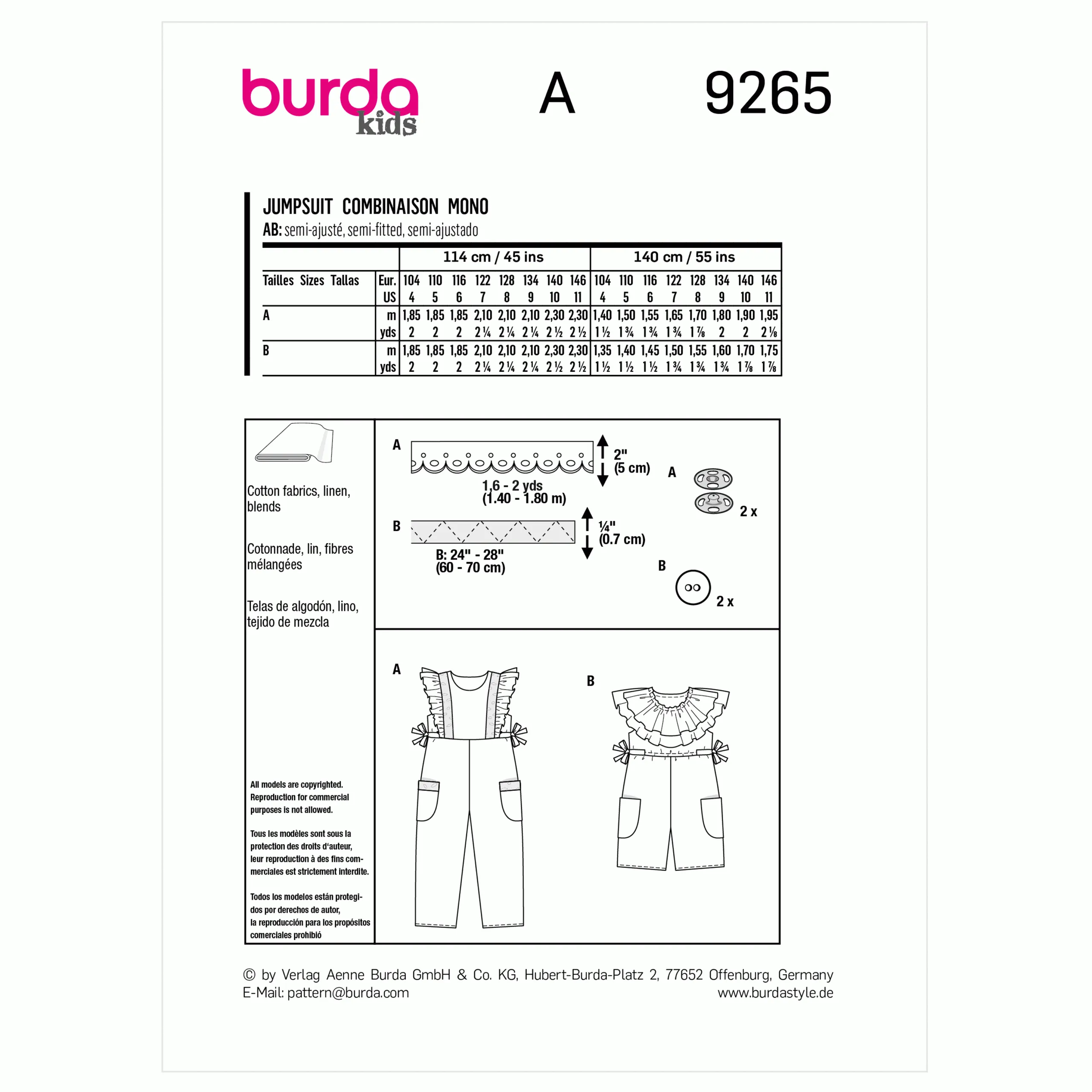 Burda Child Overalls/Romper 9265