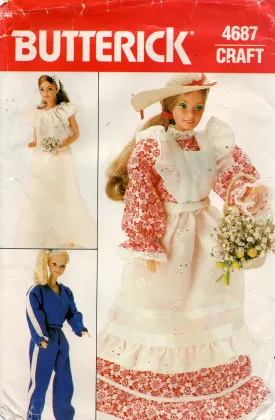 Butterick 4687 Barbie Doll Retro Tracksuit Nightgown & Wedding Dress 1980s Vintage Sewing Pattern Size 11 1/2 Inch Barbie / Teen Dolls