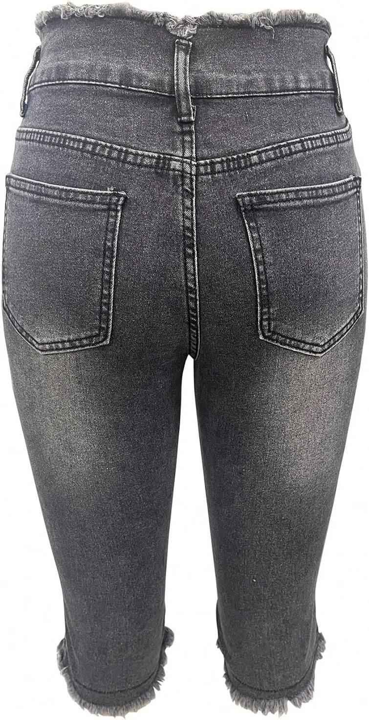 Capri Jeans for Women Stretch Low Rise Ripped Denim Capris Boyfriend Distressed Skinny Jeans with Pockets Cropped Pants