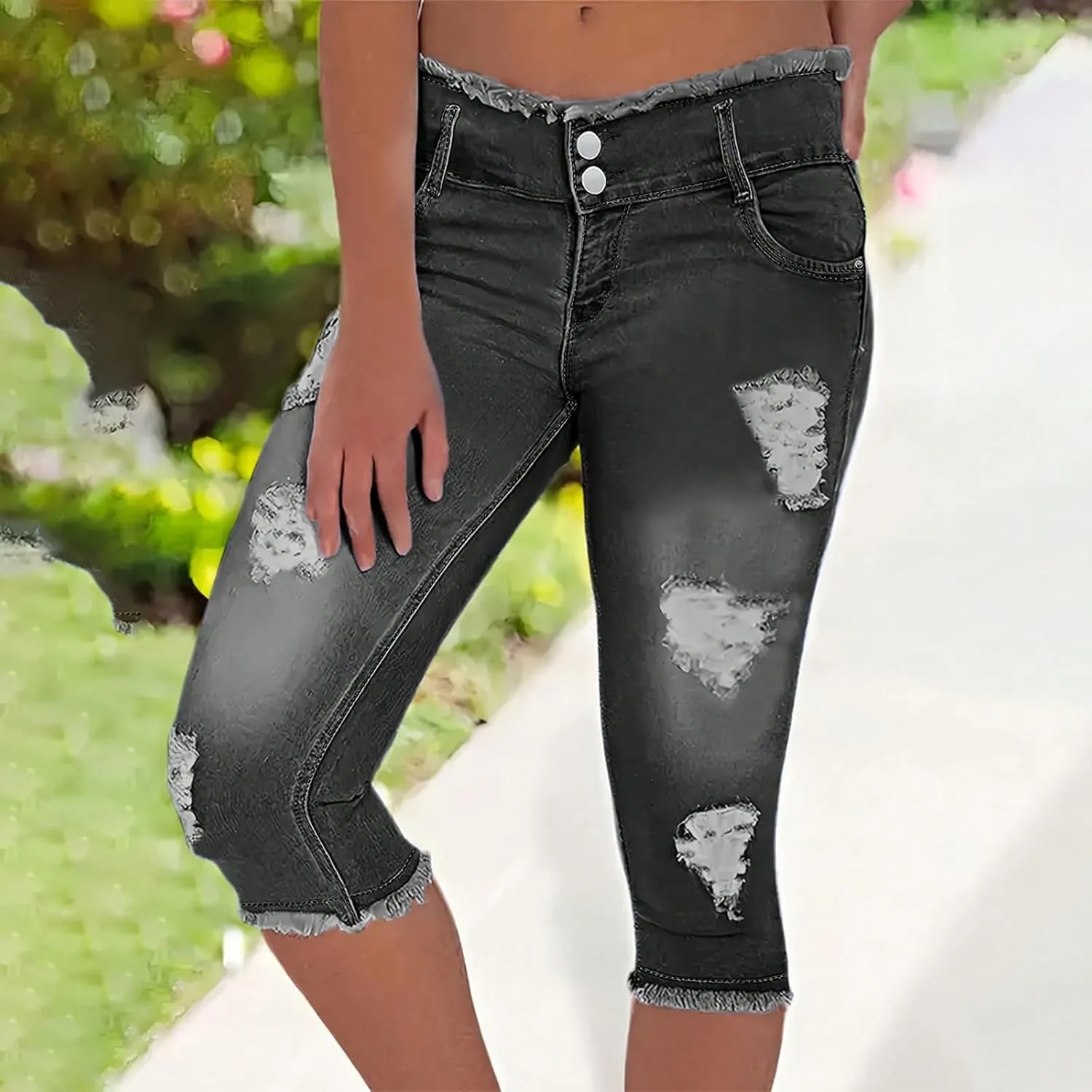 Capri Jeans for Women Stretch Low Rise Ripped Denim Capris Boyfriend Distressed Skinny Jeans with Pockets Cropped Pants