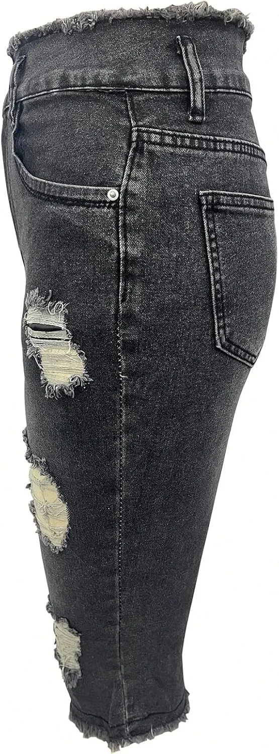Capri Jeans for Women Stretch Low Rise Ripped Denim Capris Boyfriend Distressed Skinny Jeans with Pockets Cropped Pants