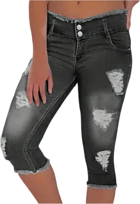 Capri Jeans for Women Stretch Low Rise Ripped Denim Capris Boyfriend Distressed Skinny Jeans with Pockets Cropped Pants
