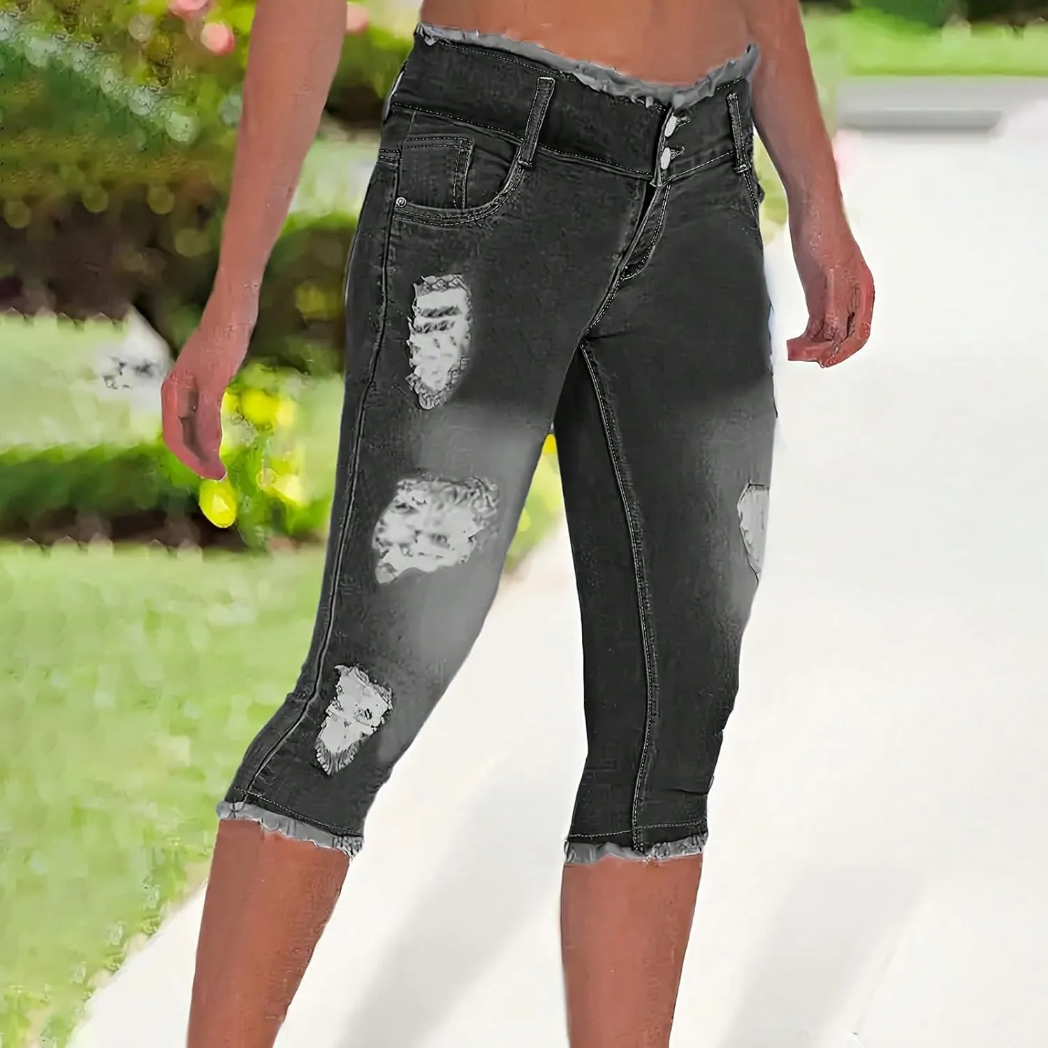 Capri Jeans for Women Stretch Low Rise Ripped Denim Capris Boyfriend Distressed Skinny Jeans with Pockets Cropped Pants